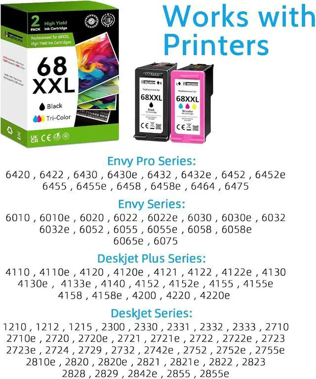 Alt view image 2 of 7 - High Yield 68XXL 68e 6155e 6555e 6100e Ink Cartridges Compatible for HP 68 Ink Cartridges Black/Color Combo Pack Compatible for HP Ink 68 fit for Envy 6500e 6165e 6152e 6552e 6558e 6110e 6520 Printer
