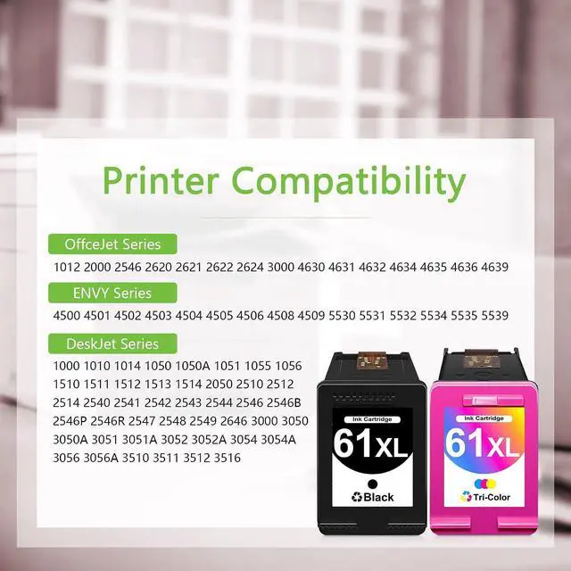 Alt view image 2 of 7 - 61XL Ink Cartridges Replacement for HP 61 61XL Ink Cartridge for Envy 4500 4502 5534 DeskJet 2512 3510 2542 2540 2544 3000 1055 2548 OfficeJet 4630 4632 Printer (1 Black,1 Tri-Color, 2 Pack)