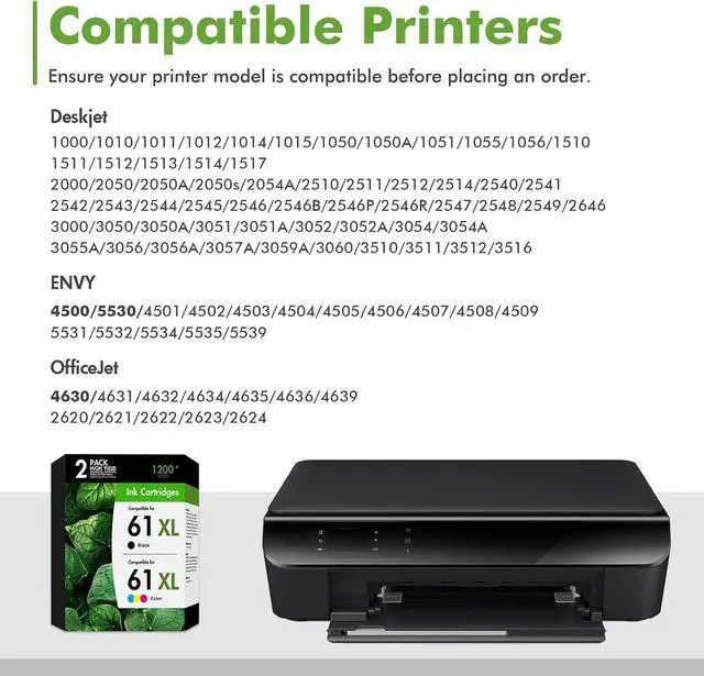 Alt view image 2 of 6 - 61 61XL Ink Cartridges for HP Printers Envy 4500 5530 Replacement for HP61 XL Ink 61 Black and Color Combo Pack for Officejet 4630 4635 Envy 4502 4501 Deskjet 1000 1010 Black/Tricolor 2Pack