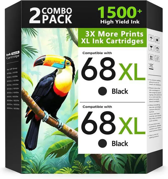 Main image of 68XL 68 Ink Cartridges Black Combo Pack Compatible for HP68 68 XL 68 Ink Cartridges for HP Printers Replacement for HP Ink 68 68e for Envy 6155e 6100e 6152e 6500e 6552e 6555e 6558e(2 Black)