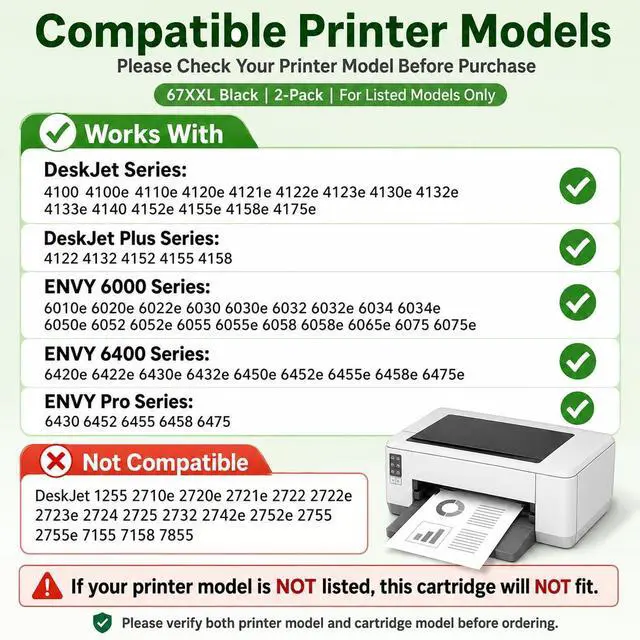 Alt view image 3 of 7 - 67XXL Black Ink Cartridge Replacement for HP Deskjet 4100 4100e 4152e 4155 4155e Envy 6000 6055e 6055 6400 6458 6458e 6452 6455e Printers (2 Black)