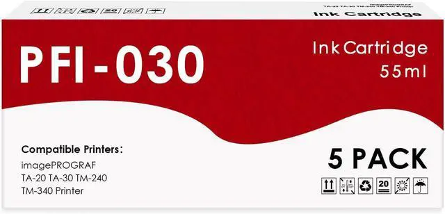Main image of PFI-030 PFI 030 Ink Cartridge Compatible with Canon PFI030 PFI030MBK PFI030BK PFI030C PFI030M PFI030Y Ink Tank for imagePROGRAF TA-20 TA-30 TM-240 TM-340 Printer (5 Pack, MBK BK C M Y)