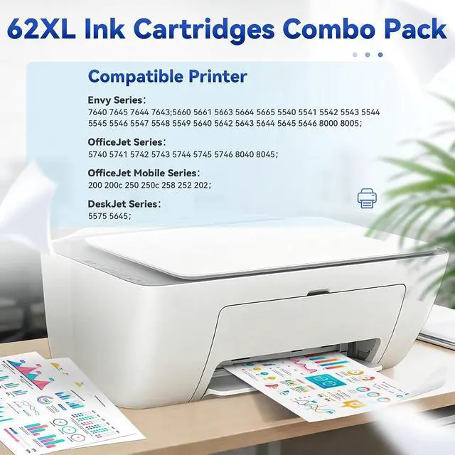 Alt view image 2 of 7 - 62XL Ink Cartridges Black and Color for Envy 7640 5660 Compatible with HP 62 62XL Ink Cartridge Combo Pack hp62 hp62xl Work with HP Envy 7645 5540 Officejet 5740 250 200 Printer Black/Tri-Color 2-Pack