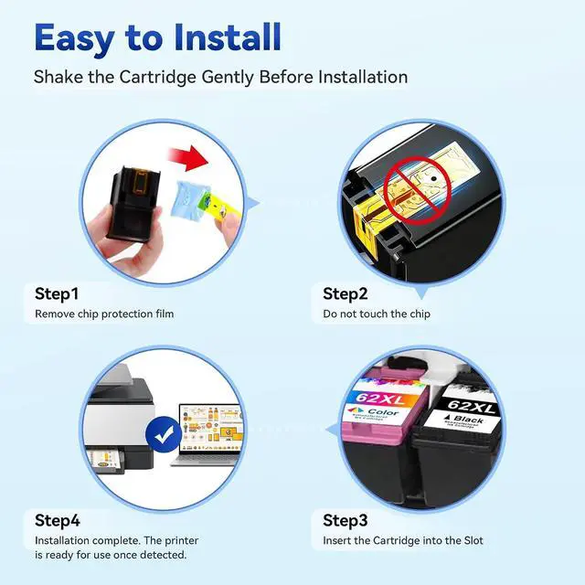 Alt view image 6 of 7 - 62XL Ink Cartridges Black and Color for Envy 7640 5660 Compatible with HP 62 62XL Ink Cartridge Combo Pack hp62 hp62xl Work with HP Envy 7645 5540 Officejet 5740 250 200 Printer Black/Tri-Color 2-Pack