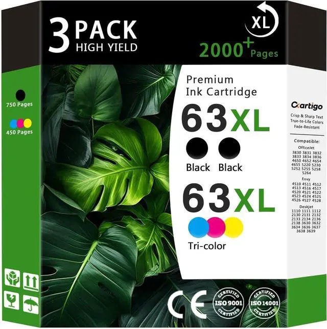 Main image of 63XL High Yield Ink Cartridges Combo Pack Compatible for HP 63XL 63 Replacement for HP Envy 4510 4511 4512 OfficeJet 3830 3831 3832 Deskjet 1110 1111 2130 Series Printers(2 Black/1 Tri-Color 3-Pack)