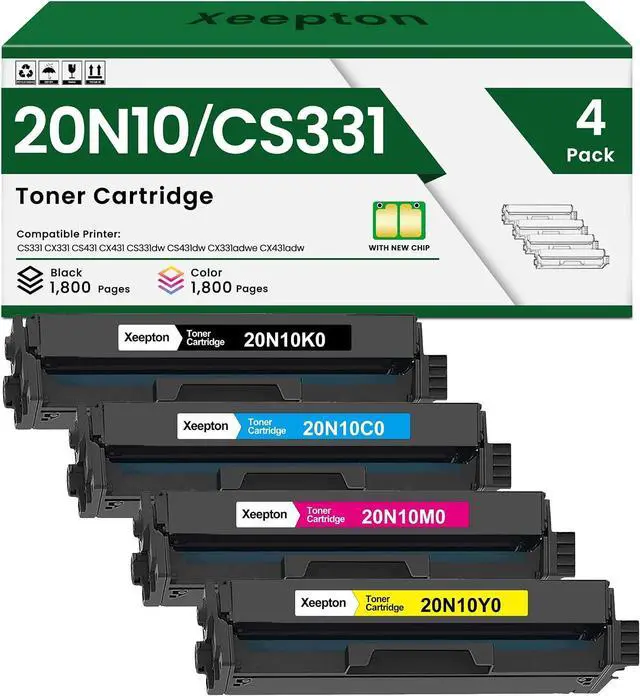 Main image of CS331 CX331 Toner Cartridge (With Chip) Replacement for Lexmark 20N10 20N10K0 20N10C0 20N10M0 20N10Y0 Toner Cartridge for CS331 CX331 CS431 CX431 CS331dw Series Laser Printer, 20N10 4-Color Combo Pack
