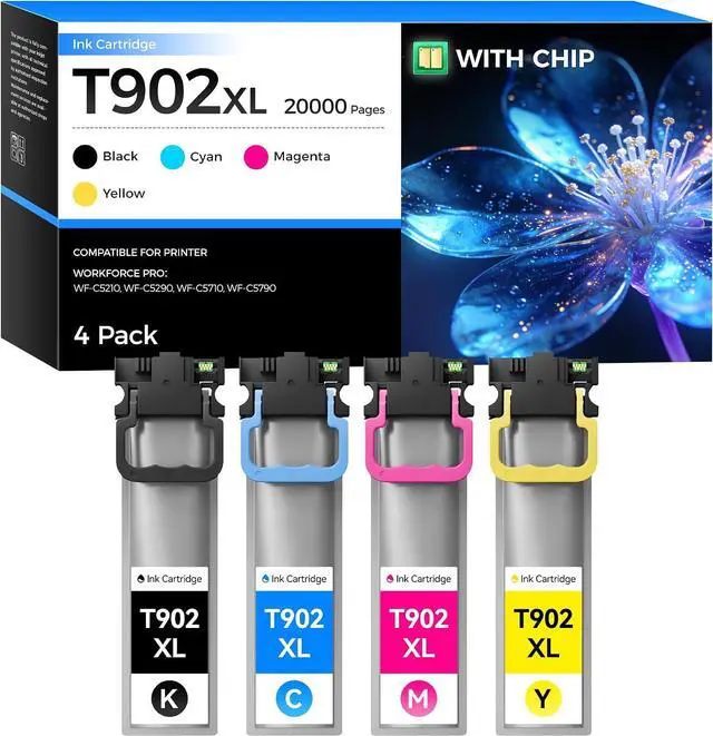 Main image of Remanufactured T902XL Ink Cartridges Set 4-Pack Replacement for 902XL T902XL Ink High Yield Compatible Works with WorkForce Pro WF-C5210 WF-C5290 WF-C5710 WF-C5790 Printer Ink Black Cyan MagentaYellow