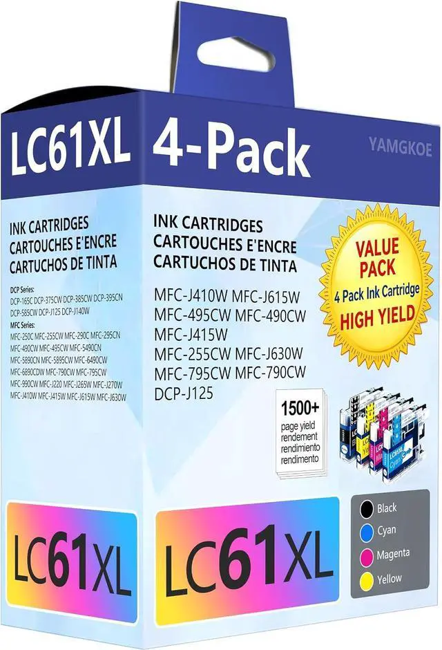 Main image of LC61 Ink Cartridges High Yield (4-Pack,BK/C/M/Y) - Replacement for Brother Ink Cartridge LC61 for MFC-490CW MFC-495CW MFC-6490CW MFC-6890CDW Printer