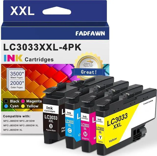 Main image of LC3033XXL LC3033 BK/C/M/Y Ink Cartridges Super High Yield (4-Pack) - Replacement for Brother LC3033 LC3035 Ink Cartridges Work with MFC-J995DW MFC-J815DW MFC-J805DW MFC-J995DW XL MFC-J805DW XL Printer