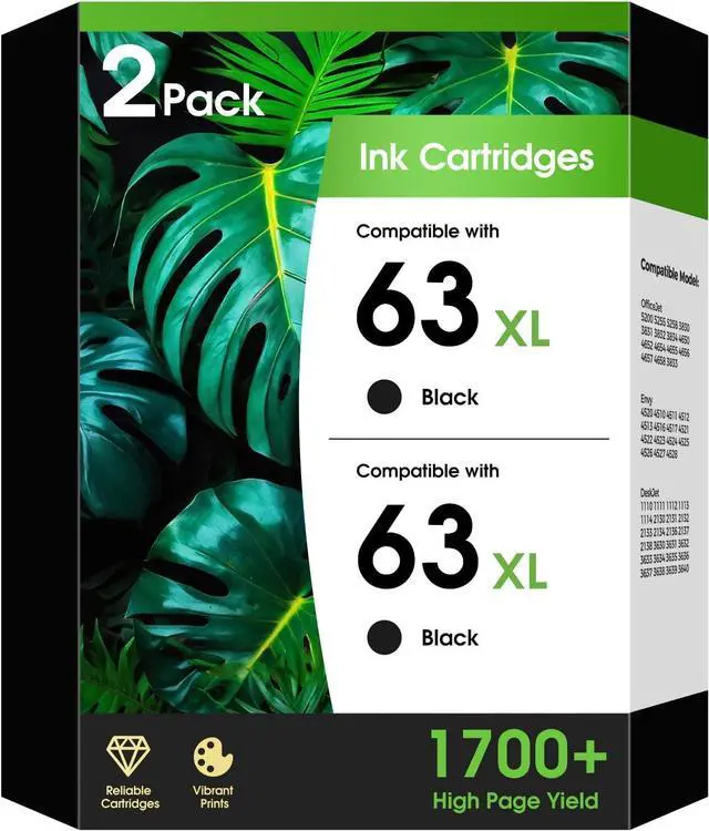 Main image of 63XL 63 Black Ink Cartridge, Replacement for HP63XL Black Ink 63 XL Work for HP Envy 4520 Office jet 3830 4650 5255 5200 5258 4655 4512 4510 Desk jet 1112 3630 2132 3632 2130 3631 5252 Printer 2 Pack