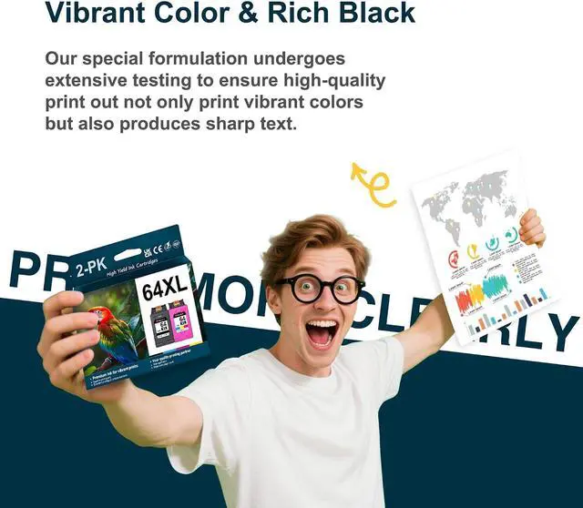 Alt view image 4 of 7 - 64XL Black and Tri-Color Ink Cartridge 2-Pack 64 XL Combo Pack