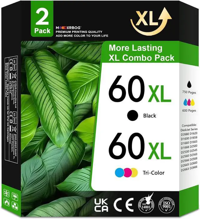 Main image of 60XL Ink Cartridges High Yield (2-Pack,1Black/1Tri-Color) Compatible for 60Ink 60XL Ink Cartridge Replacement for DeskJet D1660 D2500 D5560 F2400 F4200 F4580 Envy 100 110 120 PhotoSmart C4600 Printer