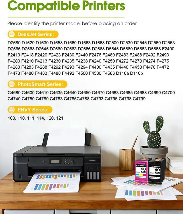 Alt view image 2 of 7 - 60XL Ink Cartridges High Yield (2-Pack,1Black/1Tri-Color) Compatible for 60Ink 60XL Ink Cartridge Replacement for DeskJet D1660 D2500 D5560 F2400 F4200 F4580 Envy 100 110 120 PhotoSmart C4600 Printer