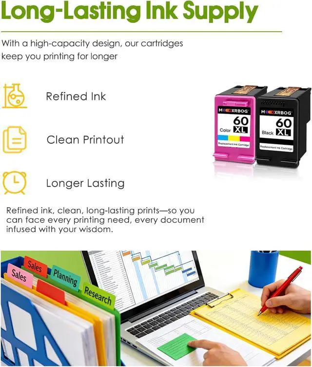 Alt view image 5 of 7 - 60XL Ink Cartridges High Yield (2-Pack,1Black/1Tri-Color) Compatible for 60Ink 60XL Ink Cartridge Replacement for DeskJet D1660 D2500 D5560 F2400 F4200 F4580 Envy 100 110 120 PhotoSmart C4600 Printer