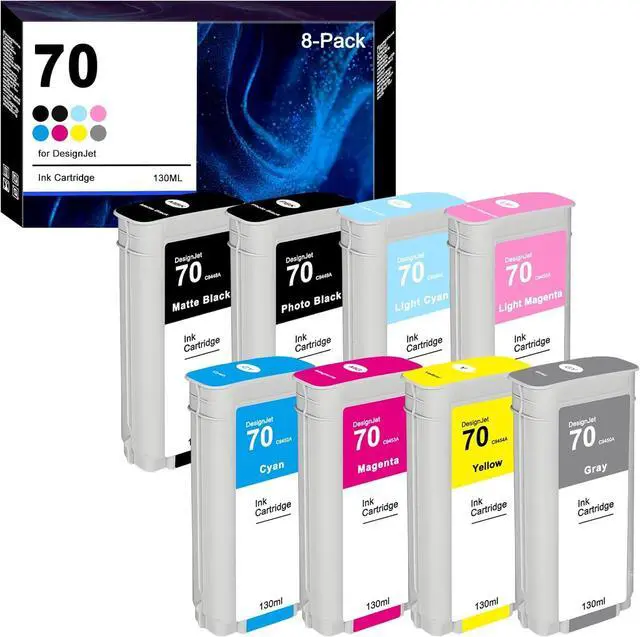 Main image of 70 Ink Cartridge C9448A C9449A C9450A C9452A C9453A C9454A C9455A C9390A HP 70 Replacement for DesignJet Z5400 Z5200 Z3200 Z3100 Z2100 Printers (8-Pack, 130ml)