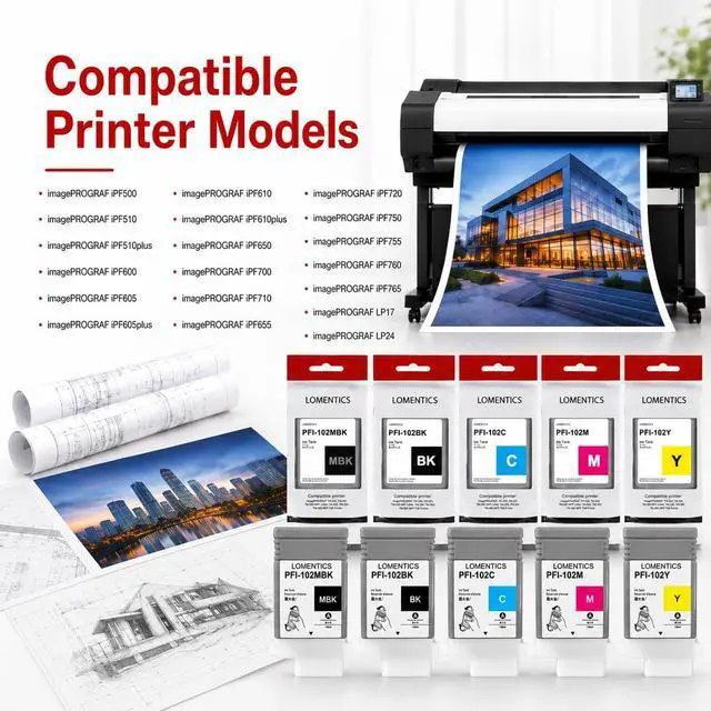 Alt view image 2 of 7 - PFI-102 PFI102 Ink Cartridge Replacement for Canon PFI-102MBK PFI-102BK PFI-102C PFI-102M PFI-102Y Compatible for ImagePrograf IPF500 IPF510 IPF600 IPF605 IPF650 IPF700 IPF765 Printer