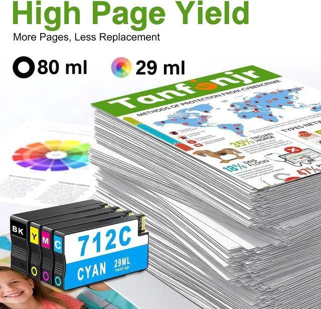 Alt view image 3 of 7 - 712 712xl Ink Cartridges 4-Pack (Black/Cyan/Magenta/Yellow), High Yield Replacement for HP 712 712XL 3ED27A 3ED28A 3ED29A 3ED30A, Fits DesignJet T210 T230 T250 T630 T650 Studio Plotter Printer