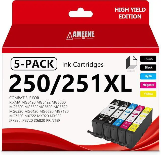 Main image of PGI-250XL CLI-251XL Ink Cartridge High Yield 5 Pack Replacement for Canon 250 251 XL Work with PIXMA MX922 IX6820 IP8720 MX920 MG5520 MG5500 MG7520 IP7220 MG6620 MG6320 MG7120(PGBK Black Color)
