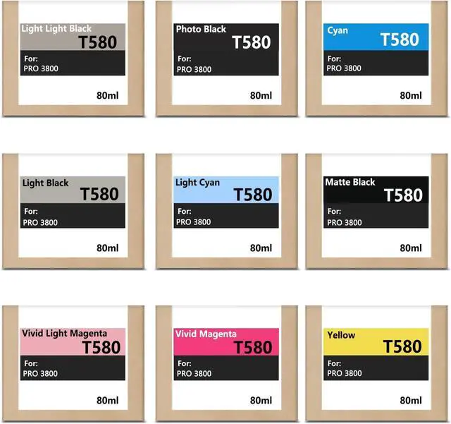 Main image of Remanufactured T580 Ink Cartridges 9-Pack with Chip, T5801 T5802 T5803 T5804 T5805 T5806 T5807 T5808 T5809 Compatible with Stylus Pro 3800 Printer