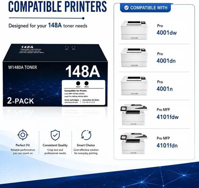 Alt view image 2 of 6 - 148A W1480A Black Toner Cartridge 2-Pack Replacement for HP 148X W1480X 148A W1480A Work for Laser Pro 4001dw 4001dn 4001n MFP 4101fdw 4101fdn Series Printer, W1480 148X 148A
