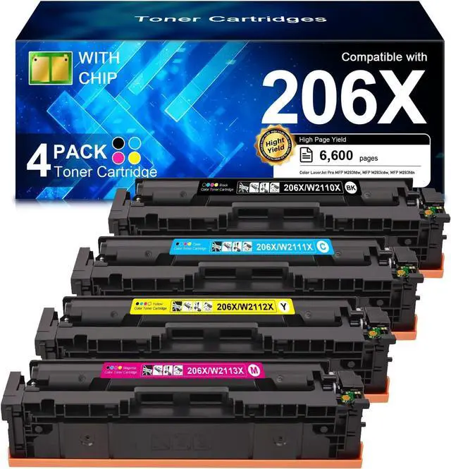 Main image of 206X Toner Cartridge 4 Pack High Yield (with Chip) - Compatible Replacement for HP 206A 206X Works with HP Color LaserJet Pro M255dw M255nw MFP M283fdw M283cdw M282nw M283fdn Printer W2110A W2110X