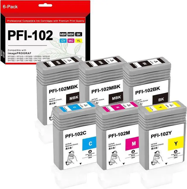 Main image of PFI-102 Ink Cartridge PFI-102MBK PFI-102BK PFI-102C PFI-102M PFI-102Y Ink Tank Replacement for Canon imagePROGRAF IPF510 IPF605 IPF610 IPF650 IPF700 IPF710 IPF750 IPF755 IPF760 (6-Pack)