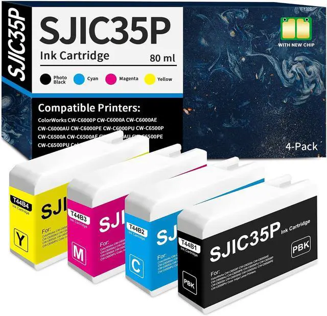Main image of SJIC35P Ink Cartridge with Chip Remanufactured for SJIC35P-PBK SJIC35P-C SJIC35P-M SJIC35P-Y for ColorWorks CW-6000Au CW-6000Pu CW-6500Au CW-6500Pu Inkjet Matte Label Printer Ink (4-Pack, PBK/C/M/Y)