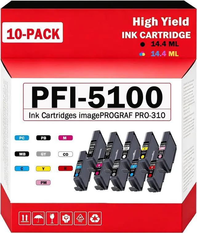 Main image of PFI-5100 Ink Cartridges High Capacity Compatible for Canon ImagePROGRAF PRO-310 Printers Ink Tank (10 Pack MBK PBK C M Y R GY PC PM CO)