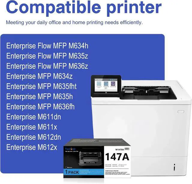 Alt view image 2 of 7 - 147A Black Toner Cartridge with Chip Compatible for HP 147A W1470A M610 M612 Toner Word for HP LaserJet Enterprise M610n M611dn M611x M612dn M612x MFP M634h M635fht M635h M636fh Printer 1-Pack
