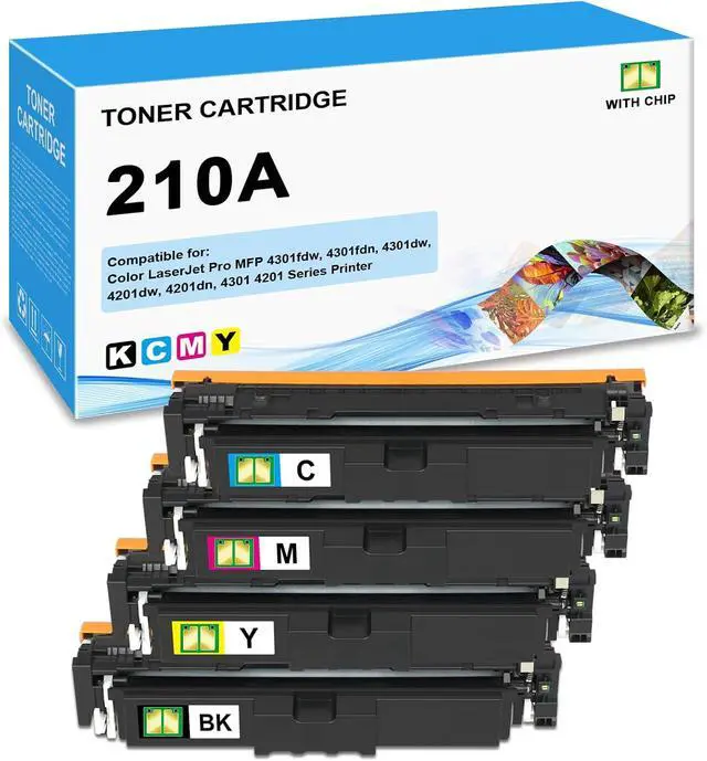 Alt view image 6 of 6 - High Yield 210A Toner Cartridges with Chip, 4-Pack BK/C/M/Y Compatible with HP Color LaserJet Pro 4201dn 4201dw MFP 4301dw 4301fdn 4301fdw Printer