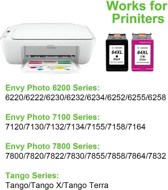 Alt view image 2 of 7 - 64XL Ink Cartridges Black/Color Combo Pack (2-Packs) High Yield - Replacement for HP Ink 64 64XL Work with Envy Photo 6220 6222 6230 6234 7120 7130 7132 7134 7800 7820 7830 7855, Tango Series Printer