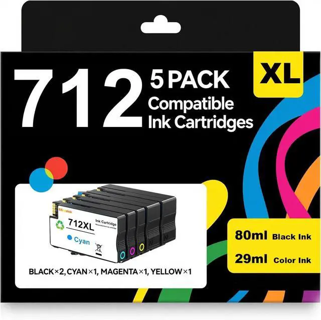 Main image of 5 Pack 712 712XL High Yield Ink Cartridge Compatible for DesignJet T210 T230 T630 T650 Studio Plotter Printers,3ED71A, 3ED67A, 3ED68A, 3ED69A (2 Black 3 Color)