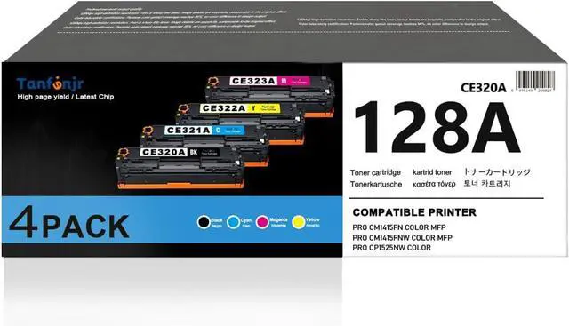 Main image of 128A Toner Cartridges 4-Pack (1BK/1C/1M/1Y), Replacement for HP 128A CE320A CE321A CE322A CE323A, Work with LaserJet Pro CP1525n CP1525nw CM1415fn CM1415fnw Printer