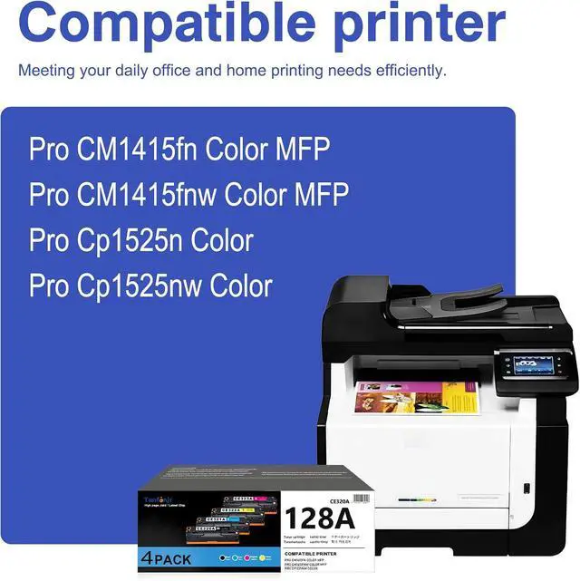 Alt view image 2 of 7 - 128A Toner Cartridges 4-Pack (1BK/1C/1M/1Y), Replacement for HP 128A CE320A CE321A CE322A CE323A, Work with LaserJet Pro CP1525n CP1525nw CM1415fn CM1415fnw Printer
