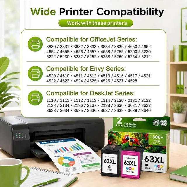 Alt view image 2 of 7 - 63XL Ink Cartridges Black and Color Replacement for HP Ink 63 63XL Ink