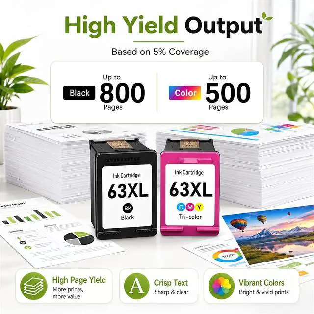 Alt view image 3 of 7 - 63XL Ink Cartridges Black and Color Replacement for HP Ink 63 63XL Ink
