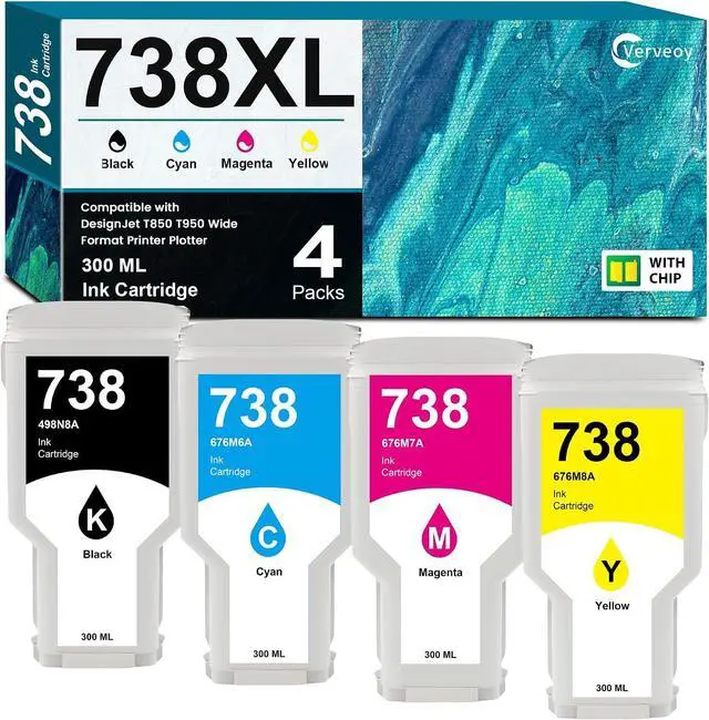 Main image of 738 738XL Ink Cartridge 4-Pack with Chip Replacement for HP 738 Ink 498N8A 676M6A 676M7A 676M8A DesignJet T850 Ink - 300ML for DesignJet T850 T950 Wide Format Printer Plotters (4-Pack, BK/C/M/Y)