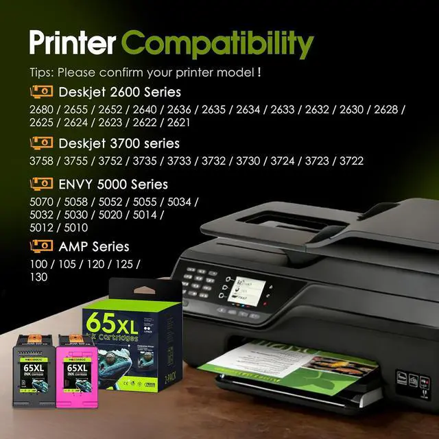 Alt view image 2 of 7 - 65XL High Yield Ink Cartridge 2-Pack (1Black/1Tri-Color) Compatible for 65 65XL Ink Cartridges Replacement for Envy 5052 5000 DeskJet 3772 3700 2600 3752 Printer
