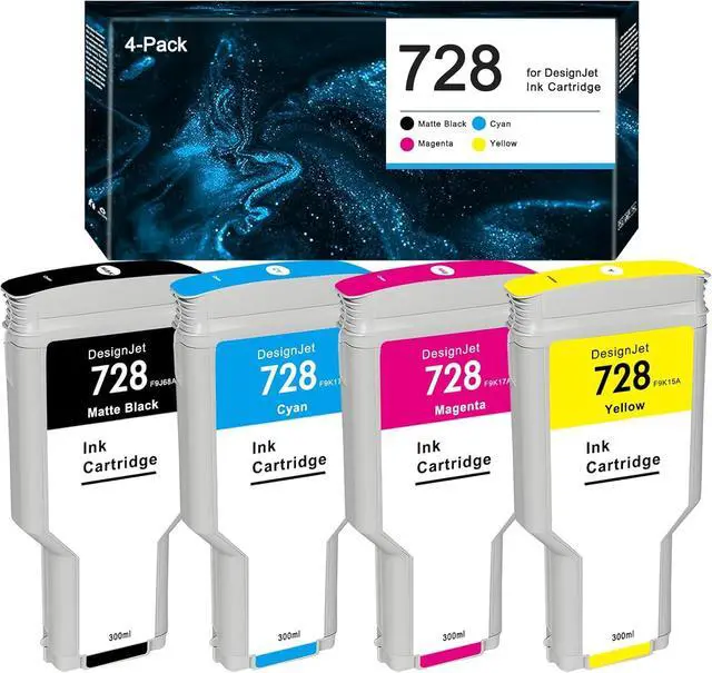 Main image of HP 728 Ink Cartridge Set 300ML 728 F9J68A F9K17A F9K16A F9K15A Compatible with DesignJet T730 T830 MPF Large Format Plotter Printers (Matte Black, Cyan, Magenta, Yellow)