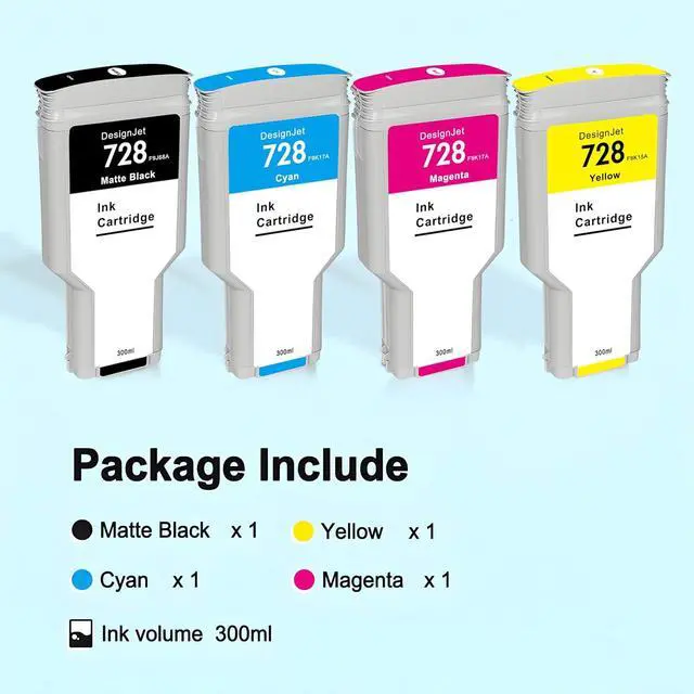 Alt view image 4 of 7 - HP 728 Ink Cartridge Set 300ML 728 F9J68A F9K17A F9K16A F9K15A Compatible with DesignJet T730 T830 MPF Large Format Plotter Printers (Matte Black, Cyan, Magenta, Yellow)