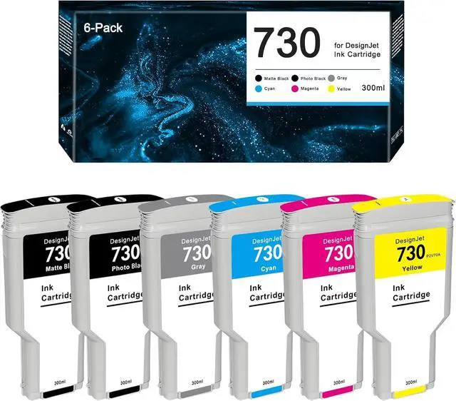 Main image of 730 Ink Cartridge Set Replacement for HP 730 P2V68A P2V69A P2V70A P2V71A P2V72A P2V73A for DesignJet T1600 T1700 T2600 Printers (6-Pack, 300ml)