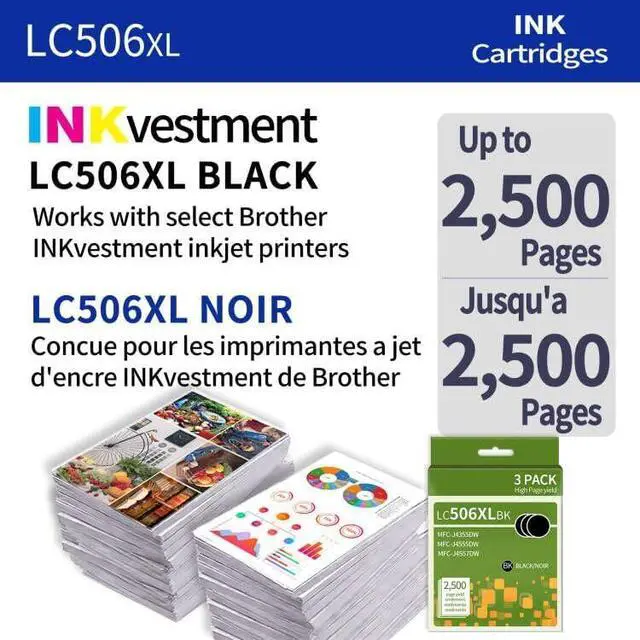 Alt view image 4 of 7 - 3 Pack LC506 Black Ink Cartridges Replacment for Brother LC506 LC506XL LC506XXL Series Inks Compatible with Brother INKvestment 4355, 4555, 4557 Printer