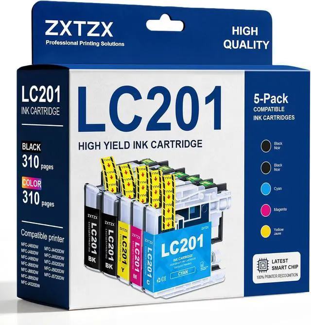Main image of LC201 Ink Cartridges (5-PK, 2BK/1C/1M/1Y) Compatible for Brother LC201 Ink