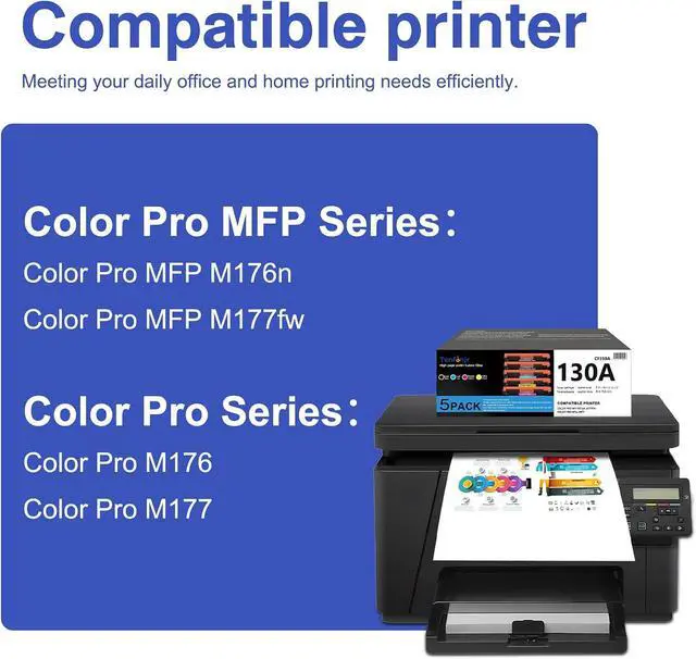 Alt view image 2 of 7 - 130A Toner Cartridges 5 Pack Replacement for HP 130A CF350A CF351A CF352A CF353A, Compatible with Color Pro MFP M177fw M176n M177 M176 Printer (2Black, Cyan, Magenta, Yellow)