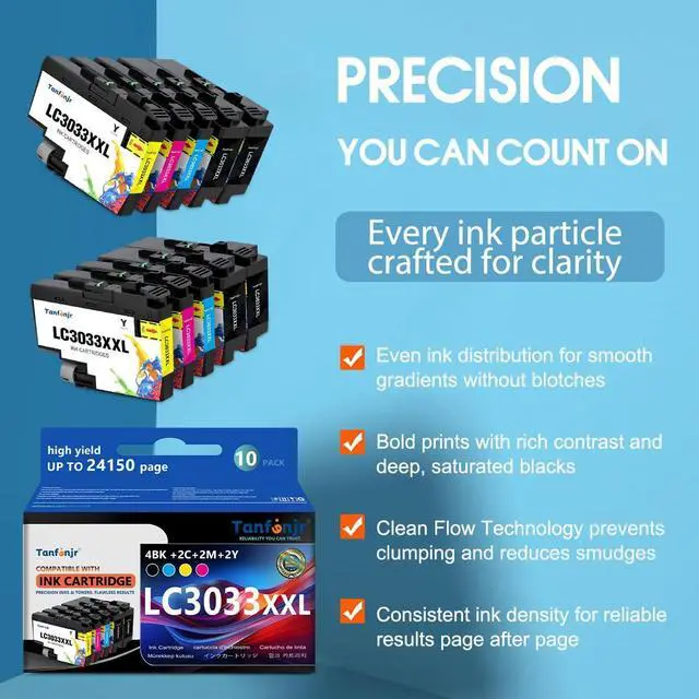 Alt view image 4 of 7 - LC3033XXL Ink Cartridges 10-Pack (4BK/2C/2M/2Y) Replacement for Brother Ink LC3033 XXL for MFC-J995DW MFC-J805DW MFC-J815DW Printer