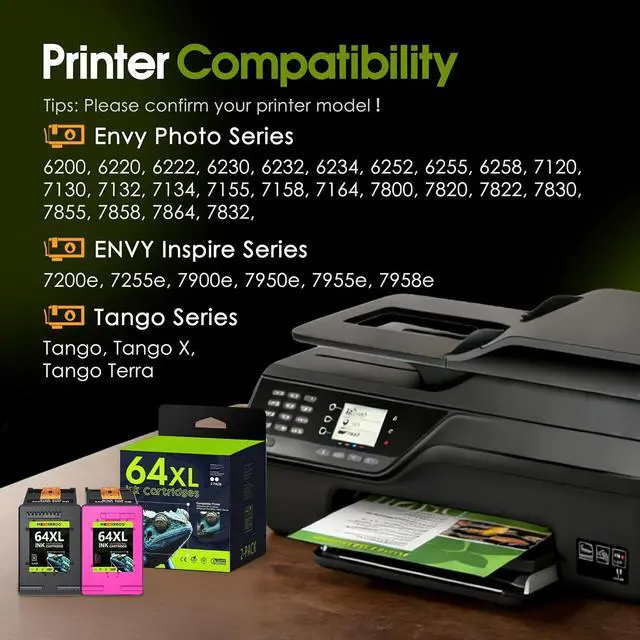 Alt view image 2 of 7 - 64XL High Yield Ink Cartridge 2-Pack (1Black/1Tri-Color) Compatible for 64 64XL Ink Cartridges Replacement for Envy Photo 7855 7858 7155 7120 7800 6252 6255 7158 7100 7164 Tango Printer