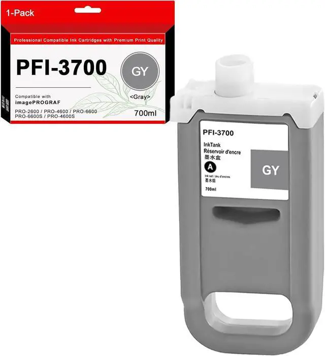 Main image of PFI-3700GY Gray Ink Cartridge PFI-3700 Ink Tank Compatible with Canon imagePROGRAF PRO-2600 PRO-4600 PRO-6600 PRO-6600S PRO-4600S Printers (1-Pack, 700ml)