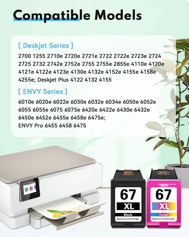 Alt view image 2 of 7 - 67XL Ink Cartridges Black Color Combo Pack Replacement for HP 67 67xl Ink for Envy 6000e 6400e 6452e 6458e 6455e 6065e Deskjet 4255e 2855e 2734e 2742e 4158e Printer (2 Pack)