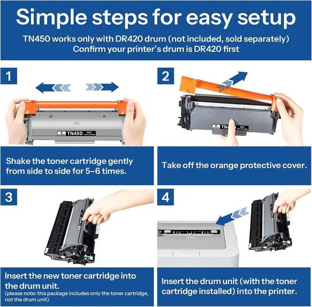 Alt view image 4 of 6 - TN450 TN-450 Toner Cartridge Black Replacement for Brother TN450 TN-450 TN 450 HL-2240D HL-2275DW HL-2280DW MFC-7860DW DCP-7060D DCP-7065DN IntelliFax-2840 IntelliFAX-2940 Printer 4 Pack