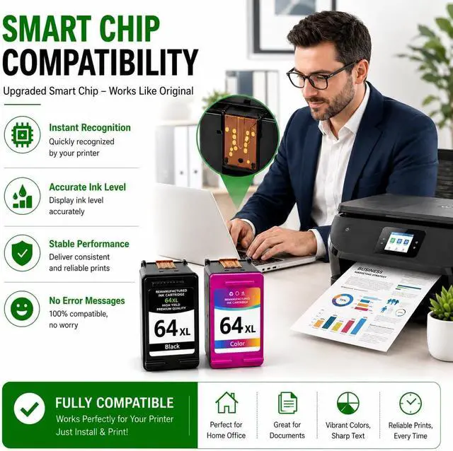 Alt view image 5 of 7 - 64XL Ink Cartridge Black and Color Combo Pack Replacement HP Ink 64 XL Use for Envy Photo 7855 7858 6252 6255 7800 7100 7120 7155 7158 Tango Series Printer (Black/Color, 2 Pack)